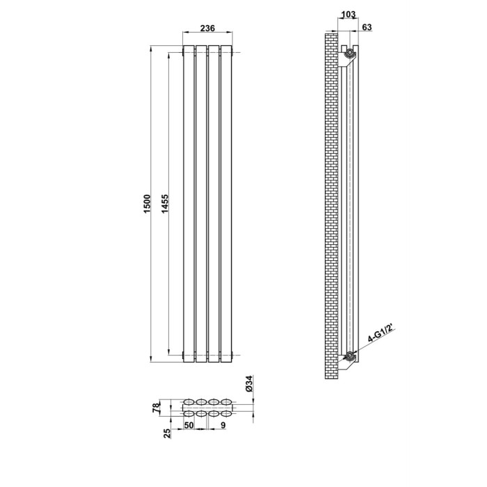 Вертикальний дизайнерський радіатор опалення ARTTIDESIGN Rimini II 4/1500/236/50 сірий матовий (RM II.4.150.23.5.G)
