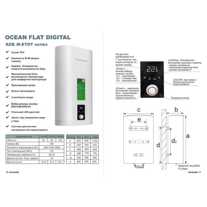 Водонагрівач OCEAN FLAT RZB50M, ET+DT (50л Digital)