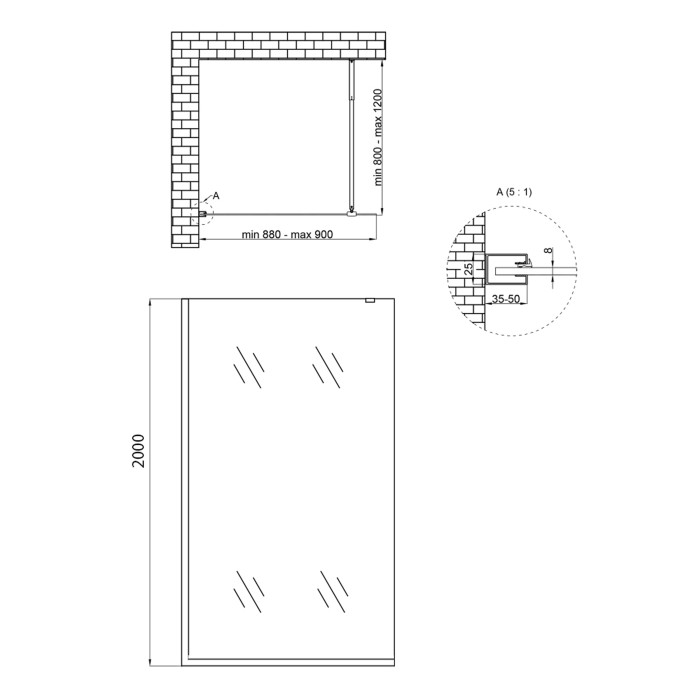 Душова перегородка Qtap Walk-In Standard BLM209.C8 90х200 см, скло Clear 8 мм, покриття CalcLess (STDBLM209C8)