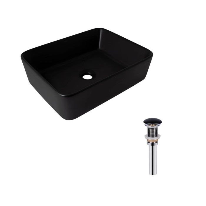 Комплект Qtap Tern: Раковина накладна прамокутна 480х370х135 мм Matt Black + Донний клапан PU03 (QT172074MBMBN47300)