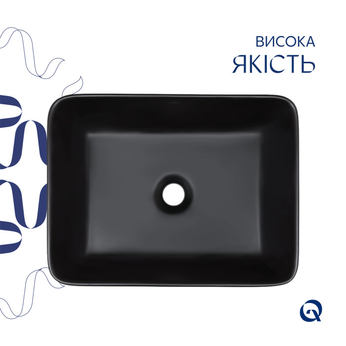 Комплект Qtap Tern: Раковина накладна прамокутна 480х370х135 мм Matt Black + Донний клапан PU03 (QT172074MBMBN47300)