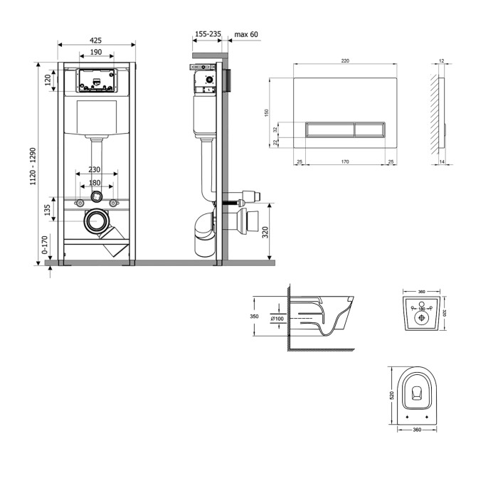 Готове рішення Qtap для ванної кімнати: підвісний унітаз Jay Ultra Quiet 520x360x320 + комплект інсталяції Nest 4 в 1 (лінійна клавіша White) (QT07335175W48180)