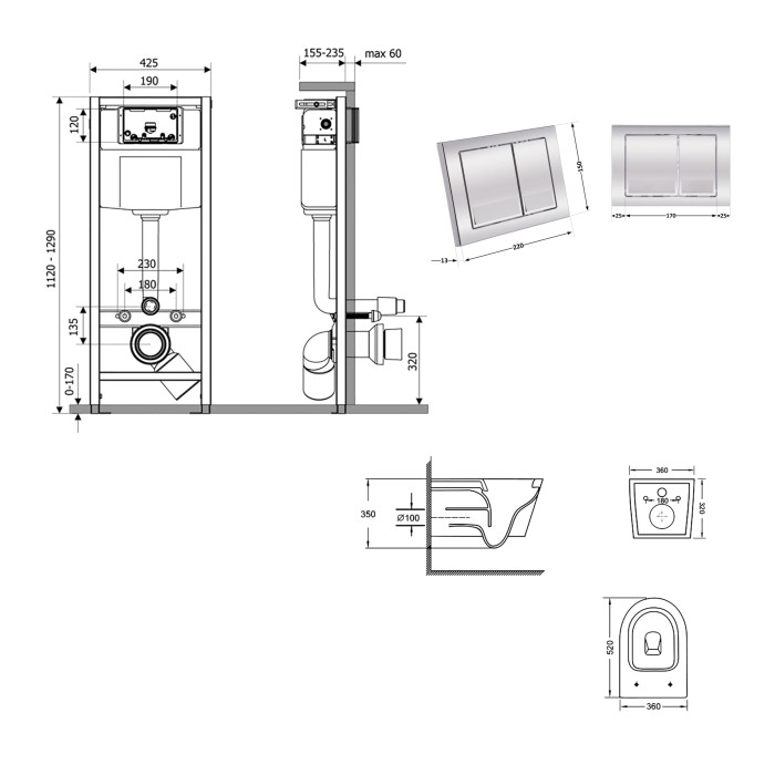 Готове рішення Qtap для ванної кімнати: підвісний унітаз Swan Ultra Quiet 520x360x320 + комплект інсталяції Nest 4 в 1 (кругла клавіша Satin) (QT16335180W48191)