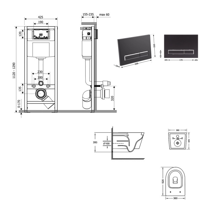 Готове рішення Qtap для ванної кімнати: підвісний унітаз Jay Ultra Quiet 520x360x320 + комплект інсталяції Nest 4 в 1 (лінійна клавіша Black mat) (QT07335175W48195)