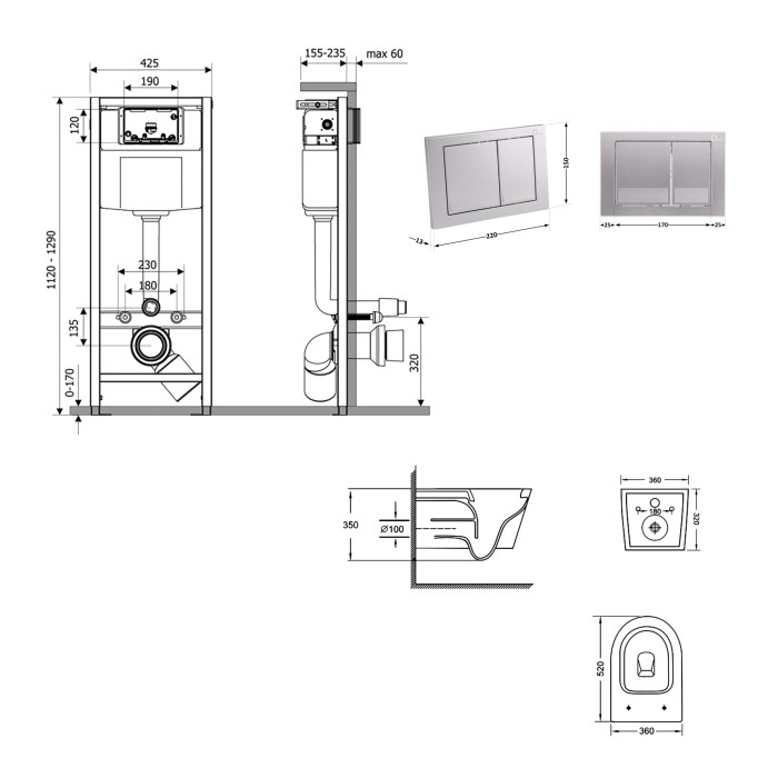 Готове рішення Qtap для ванної кімнати: підвісний унітаз Jay Ultra Quiet 520x360x320 + комплект інсталяції Nest 4 в 1 (квадратна клавіша Satin) (QT07335175W48204)