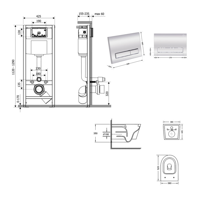 Готове рішення Qtap для ванної кімнати: підвісний унітаз Swan Ultra Quiet 520x360x320 + комплект інсталяції Nest 4 в 1 (лінійна клавіша Chrome) (QT16335180W48200)
