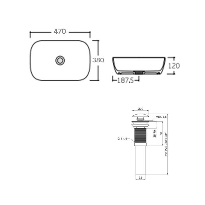 Комплект Qtap Aquarius: Раковина накладна прамокутна 470x380x120 мм White + Донний клапан PU02 (QT21112185WN47295)