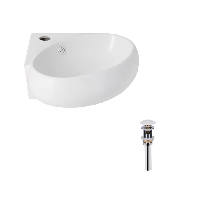 Комплект Qtap Leo N: Раковина підвісна угловая овальна 380x360x130 мм WHITE + Донний клапан PU02O (QT11115010WN47331)