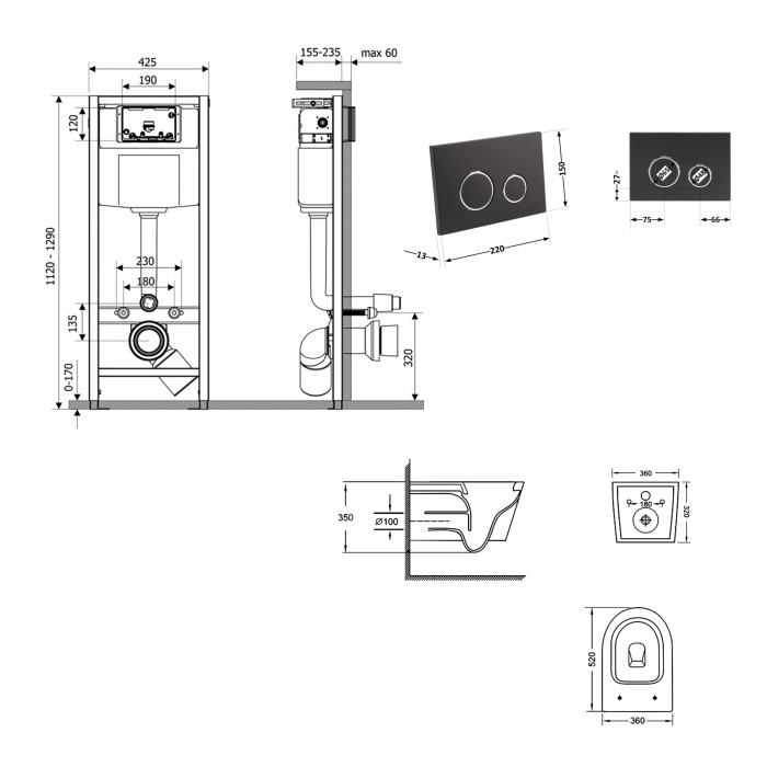 Готове рішення Qtap для ванної кімнати: підвісний унітаз Jay Ultra Quiet 520x360x320 + комплект інсталяції Nest 4 в 1 (кругла клавіша Black mat) (QT07335175W48192)