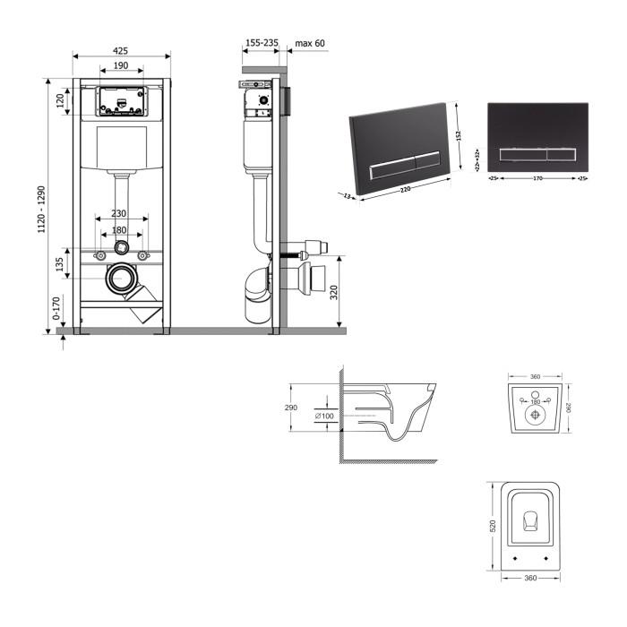 Готове рішення Qtap для ванної кімнати: підвісний унітаз Crow Ultra Quiet 520x360x290 + комплект інсталяції Nest 4 в 1 (лінійна клавіша Black mat) (QT05335172W48196)