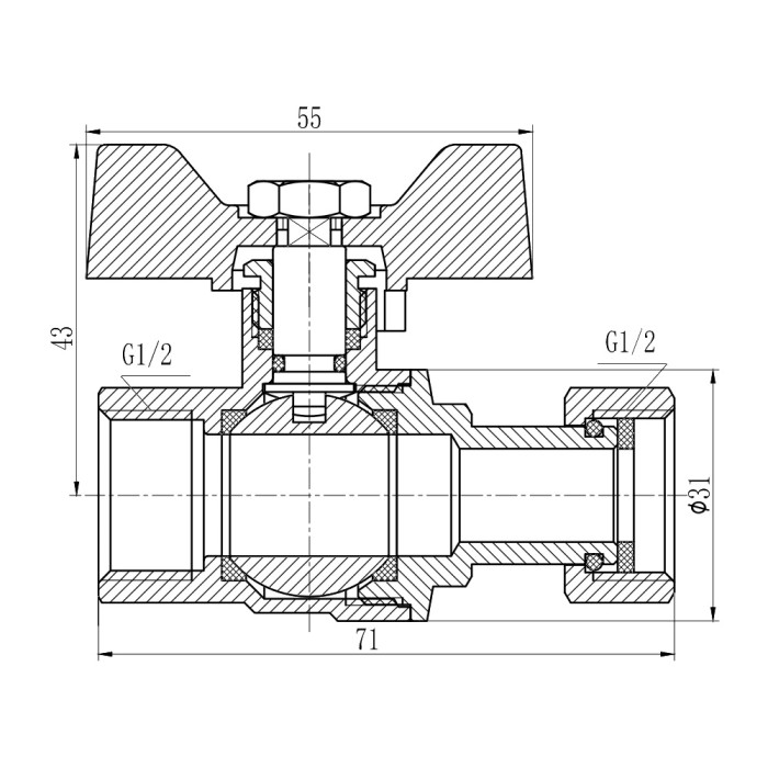 Кран кульовий з накидною гайкою SD Forte 1/2"х ВР для води прямий SF260W15 (SF260W15)