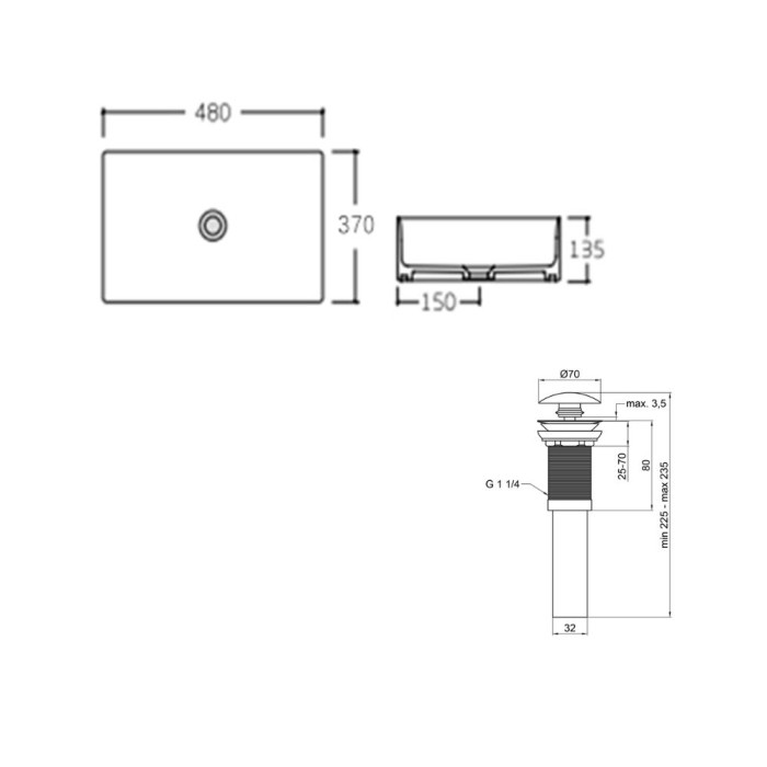 Комплект Qtap Tern: Раковина накладна прамокутна 480х370х135 мм White + Донний клапан PU02 (QT17112074WN47301)