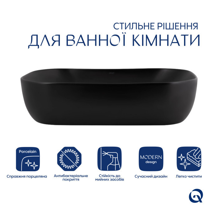 Комплект Qtap Robin: Раковина накладна прамокутна 600x390x150 мм Matt Black + Донний клапан PU03 (QT132143PMBMBN47296)