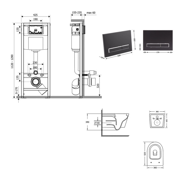 Готове рішення Qtap для ванної кімнати: підвісний унітаз Swan Ultra Quiet 520x360x320 + комплект інсталяції Nest 4 в 1 (лінійна клавіша Black mat) (QT16335180W48197)