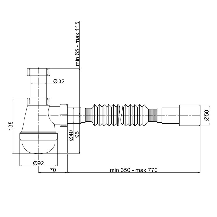 Сифон для раковини Lidz (WHI) 60 08 E003 00 (вихід 50 мм) без випуска (LU04)