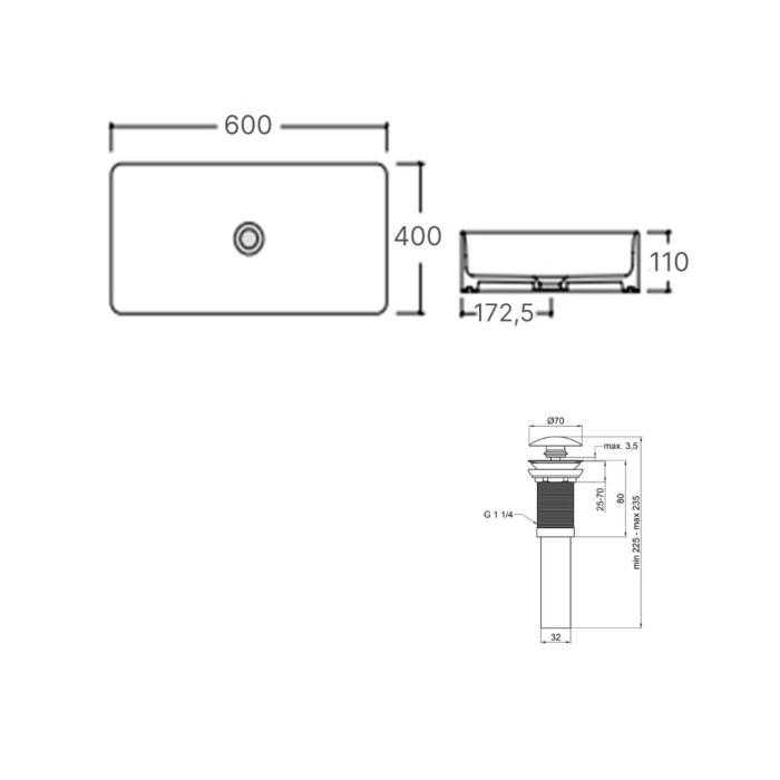 Комплект Qtap Tern: Раковина накладна прамокутна 600x400x110 мм WHITE + Донний клапан PU02 (QT17112174WN47303)