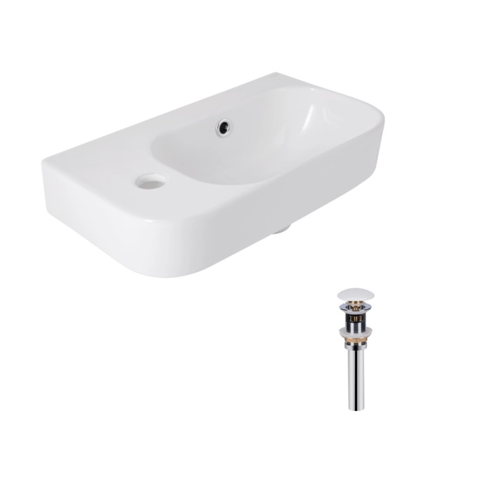 Комплект Qtap Tern: Раковина підвісна прамокутна ліва 450х250х158 мм White + Донний клапан PU02O (QT17115117LWN47327)