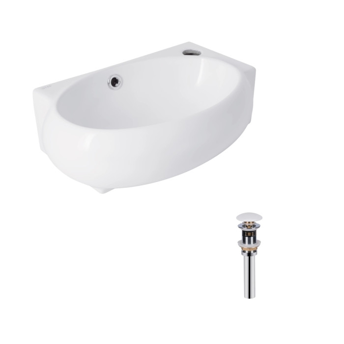 Комплект Qtap Leo: Раковина підвісна овальна права 430x285x160 мм White + Донний клапан PU02O (QT11115011RWN47333)