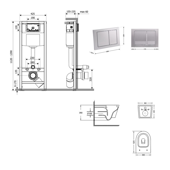 Готове рішення Qtap для ванної кімнати: підвісний унітаз Swan Ultra Quiet 520x360x320 + комплект інсталяції Nest 4 в 1 (квадратна клавіша Satin) (QT16335180W48206)