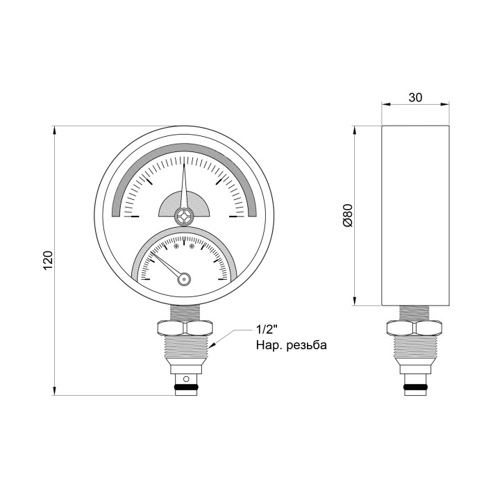 Термоманометр SD Plus 80 мм 1/2", нижнє підмикання SD1724B (SD1724B)