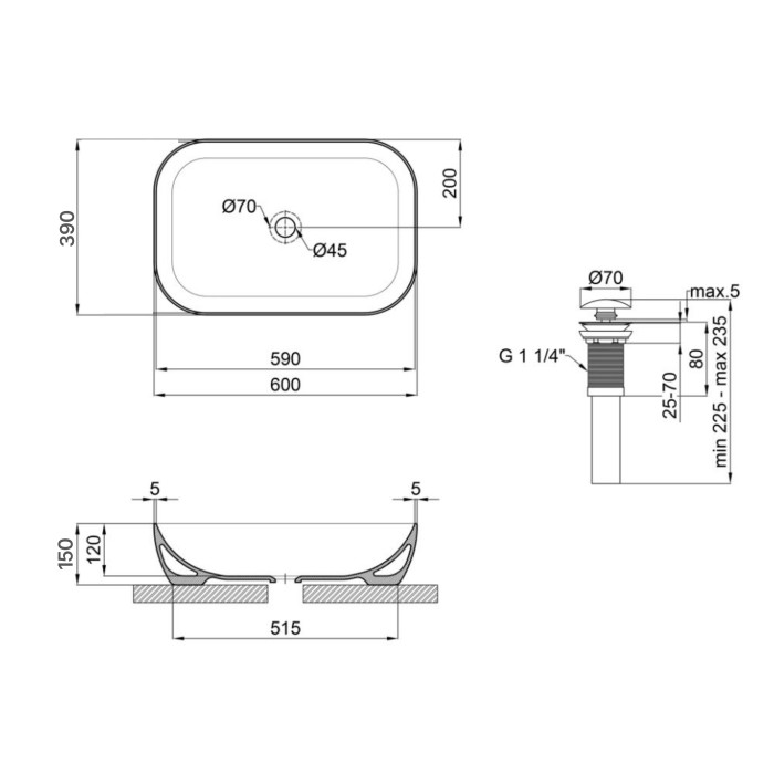 Комплект Qtap Robin: Раковина накладна прамокутна 600x390x150 мм White + Донний клапан PU02 (QT13112143PWN47297)