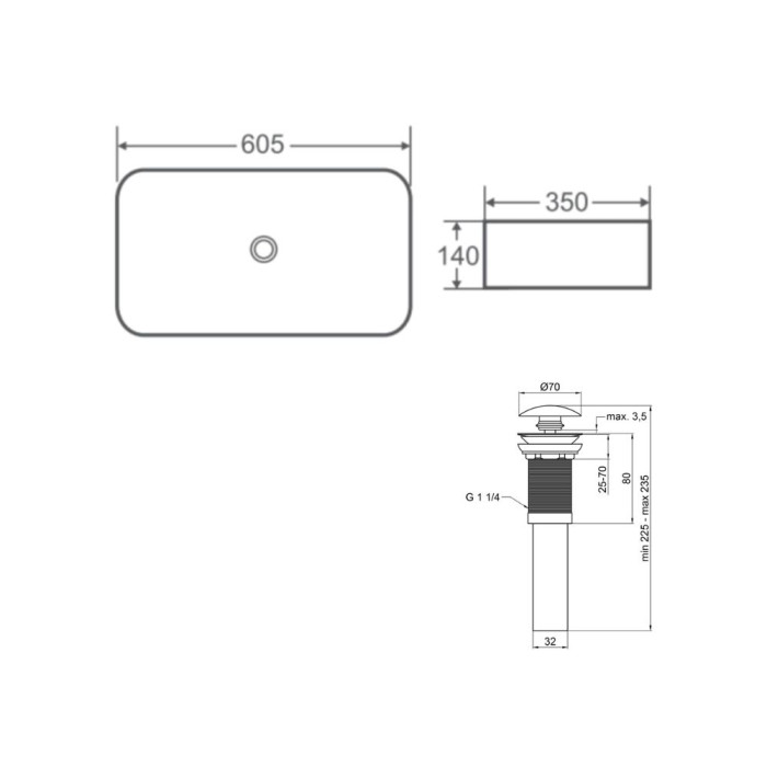 Комплект Qtap Tern: Раковина накладна прамокутна 610x350x135 мм WHITE + Донний клапан PU02 (QT17112270WN47304)