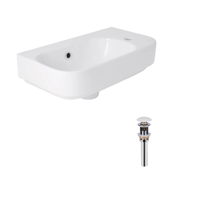 Комплект Qtap Tern: Раковина підвісна прамокутна права 450х250х158 мм White + Донний клапан PU02O (QT17115117RWN47328)