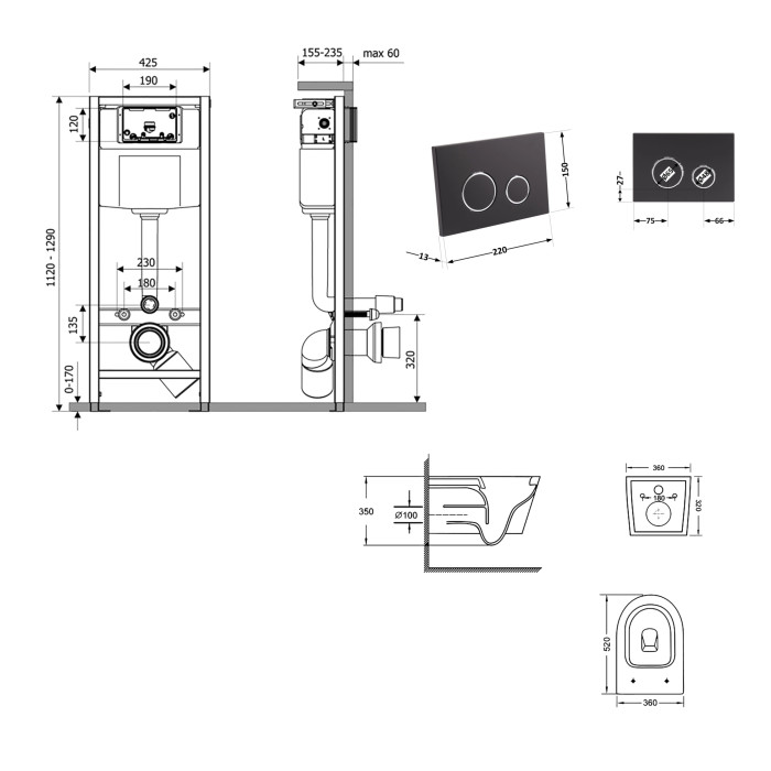 Готове рішення Qtap для ванної кімнати: підвісний унітаз Swan Ultra Quiet 520x360x320 + комплект інсталяції Nest 4 в 1 (кругла клавіша Black mat) (QT16335180W48194)