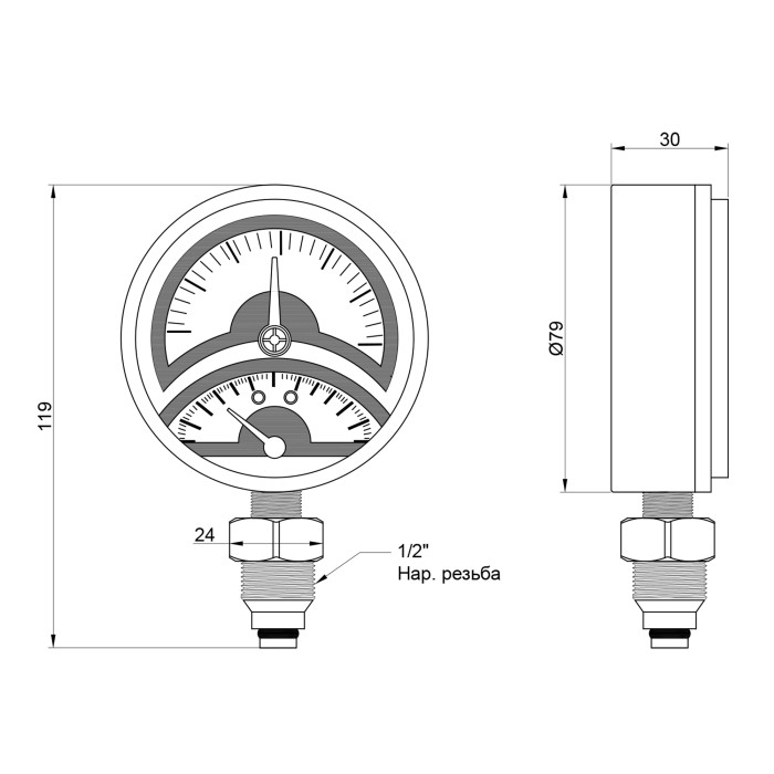 Термоманометр Icma 1/2" 0-6 бар, нижнє підключення №258 (91258AD06120)