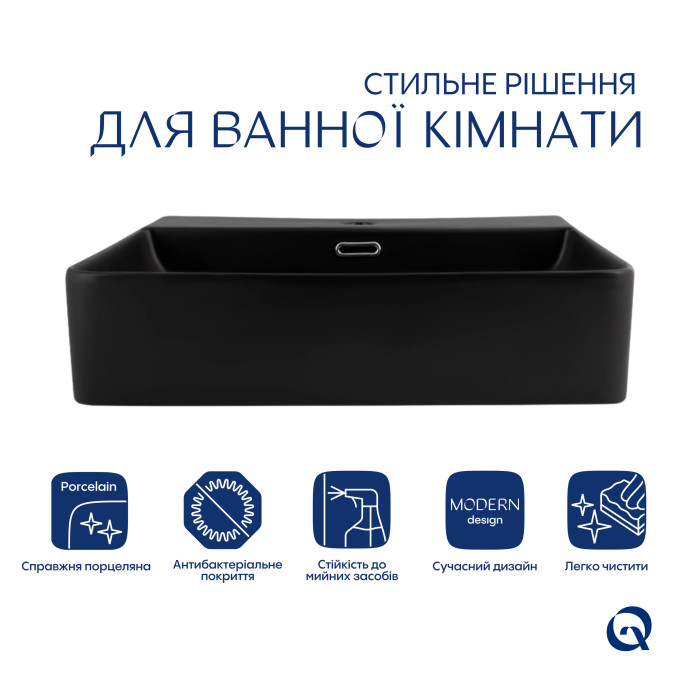 Комплект Qtap Nando LT: Раковина підвісна прамокутна 500х420х130 мм Matt Black + Донний клапан PU03O (QT12112173SMBMBN47322)
