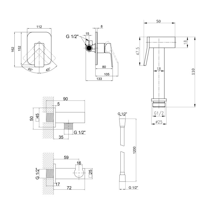 Комплект для душу Qtap Namesti Chrome: Змішувач QTNAM6025102NC + Шланг QTHADPVC120C + Лійка QTCRMB120 + Підключення QTCRMBH130 (QTNAM6025102NC47550)