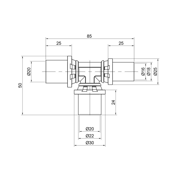 Трійник прес Icma 20х20х16 №406 (81406BQBQGH06)