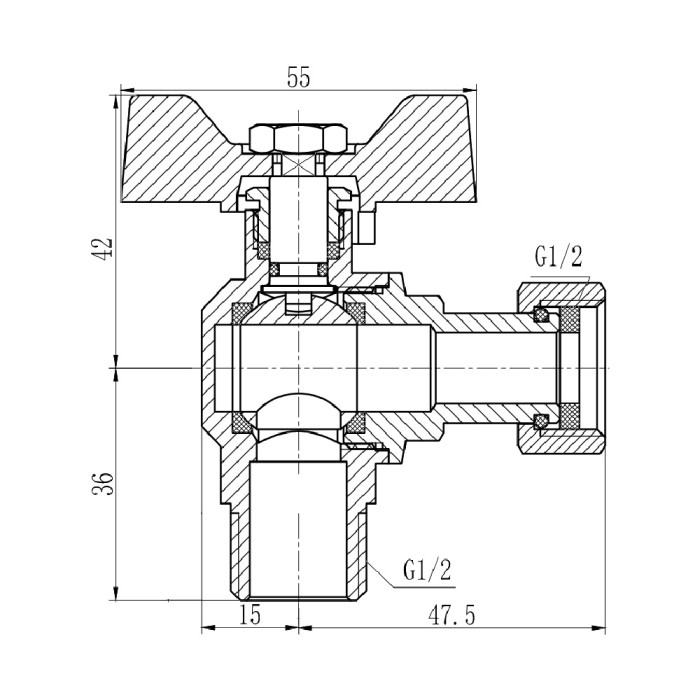 Кран кульовий з накидною гайкою SD Forte1/2" ВЗ для води кутовий SF224W15 (SF224W15)