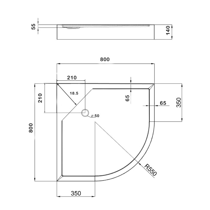 Lidz Душовий піддон KAPIELKA ST80x80x14 низький, напівкруглий, діаметр зливу 52 мм (LKAST808014)