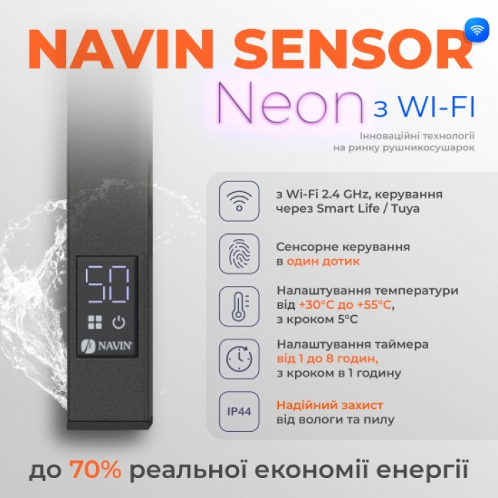 Рушникосушка Navin електрична Авангард, 1200х480х71мм, Wi-Fi, сталь, чорний муар, праве підключення