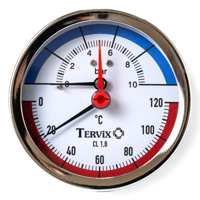 термоманометр Tervix Pro Line 80/0-10 бар, 0-120 С аксіальний, з монтажним клапаном 1/2" (357818)
